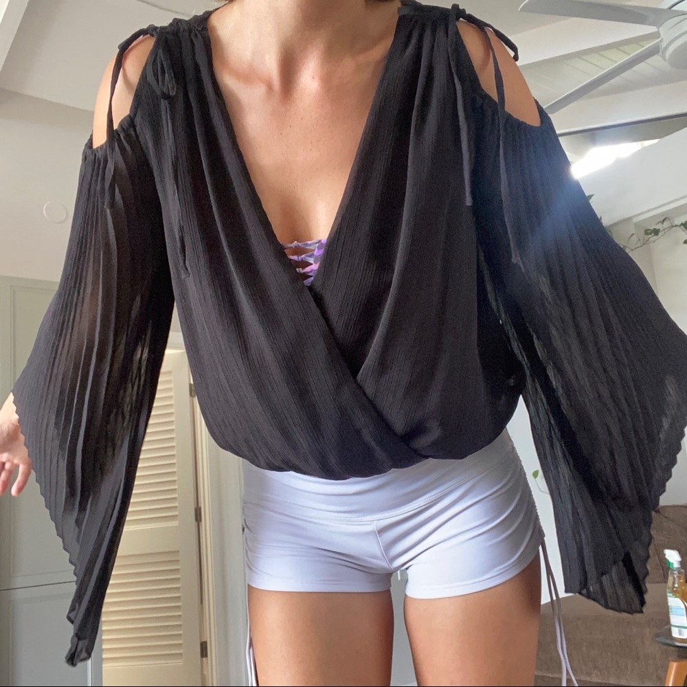 Bebe Black Party Top. Flared Sleeves, Shoulder Ties, Wrap-Style, Size Small